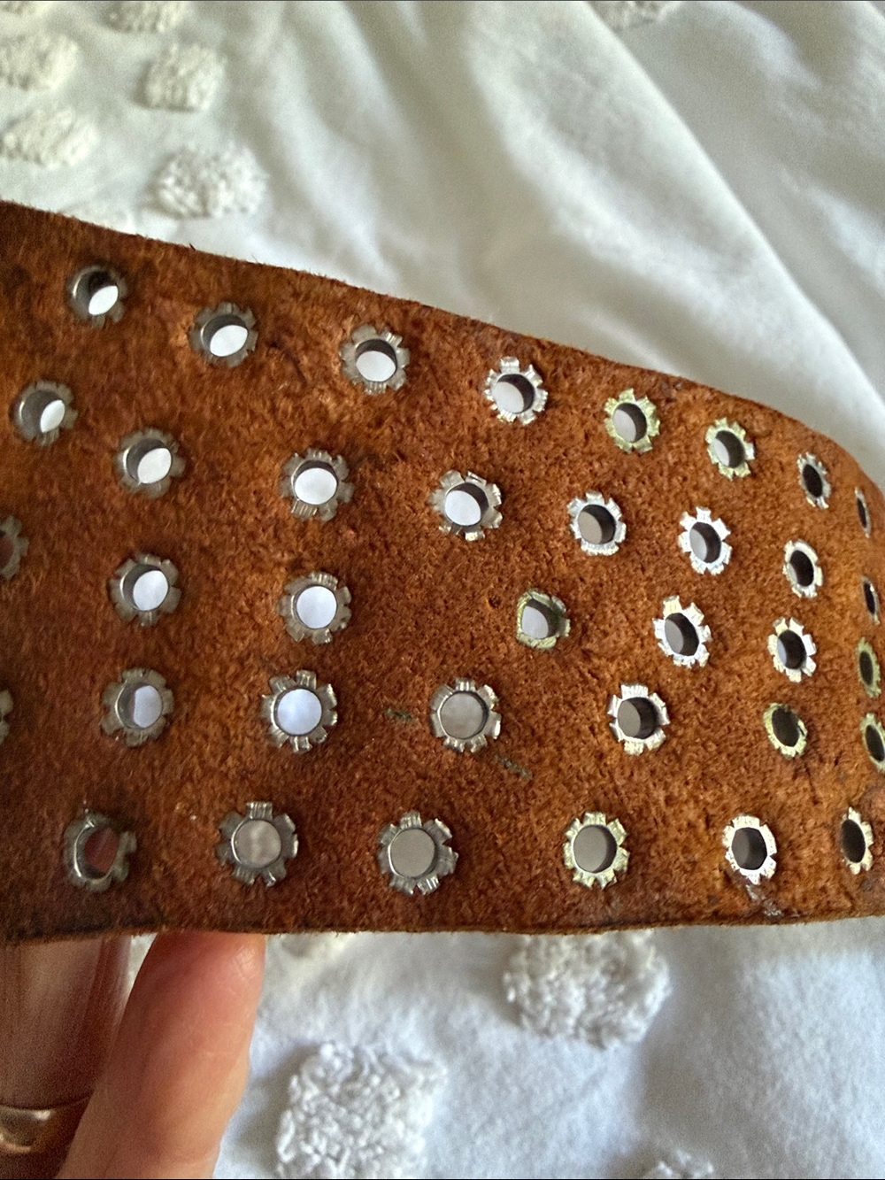 Brown Eyelet Leather Belt with Ornate Silver Buckle. - Picture 5 of 9